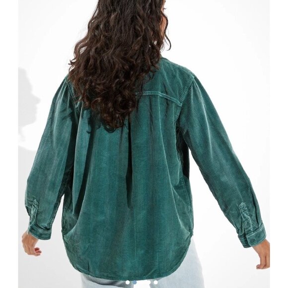 American Eagle Shirt Womens S Corduroy Pine Green Button Front Pockets Cotton - Picture 2 of 12